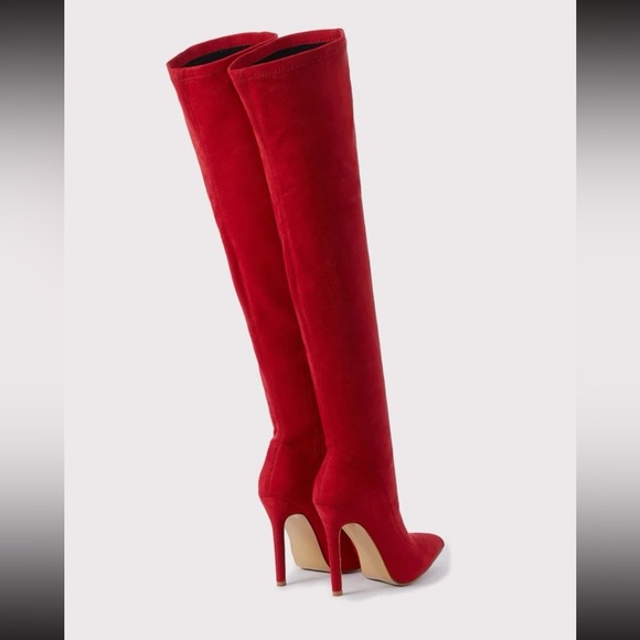 Red Solid Color Stretch Fabric Over-the-knee Boots With Side Zipper - Picture 4 of 4